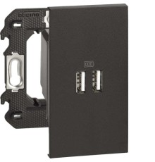 Розетка зарядное устройство USB 2 разъёма тип - А/тип - А 3000мА 2 модуля. Цвет Чёрный. Bticino серия Living Now. K4702+K4285C2+KG12C