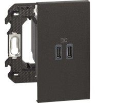 Розетка зарядное устройство USB 2 разъёма тип - C/тип - C 3000мА 2 модуля. Цвет Чёрный. Bticino серия Living Now. K4702+K4286C2+KG12C