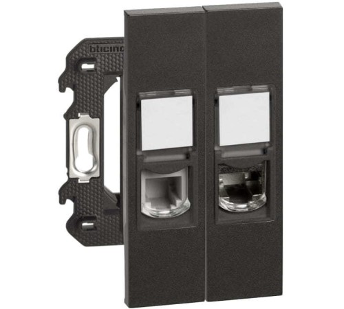 Розетка телефонная/компьютерная RJ11/RJ45 cat6 STP 2 модуля. Цвет Чёрный. Bticino серия Living Now. K4702+KG4258RJ11+KG4279C6S+KG07+KG07