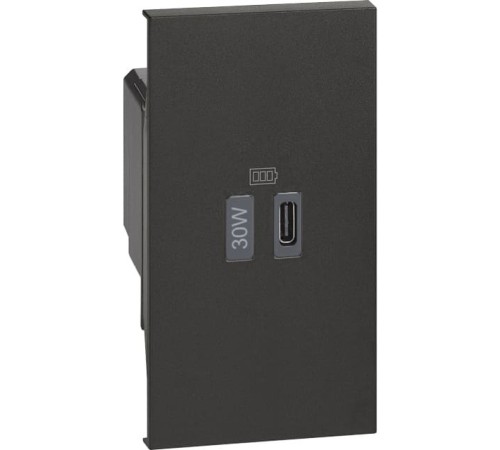Розетка зарядное устройство USB тип - C 30 Вт/3000мА 1 модуль. Цвет Чёрный. Bticino серия Living Now. K4288C2+KG12C
